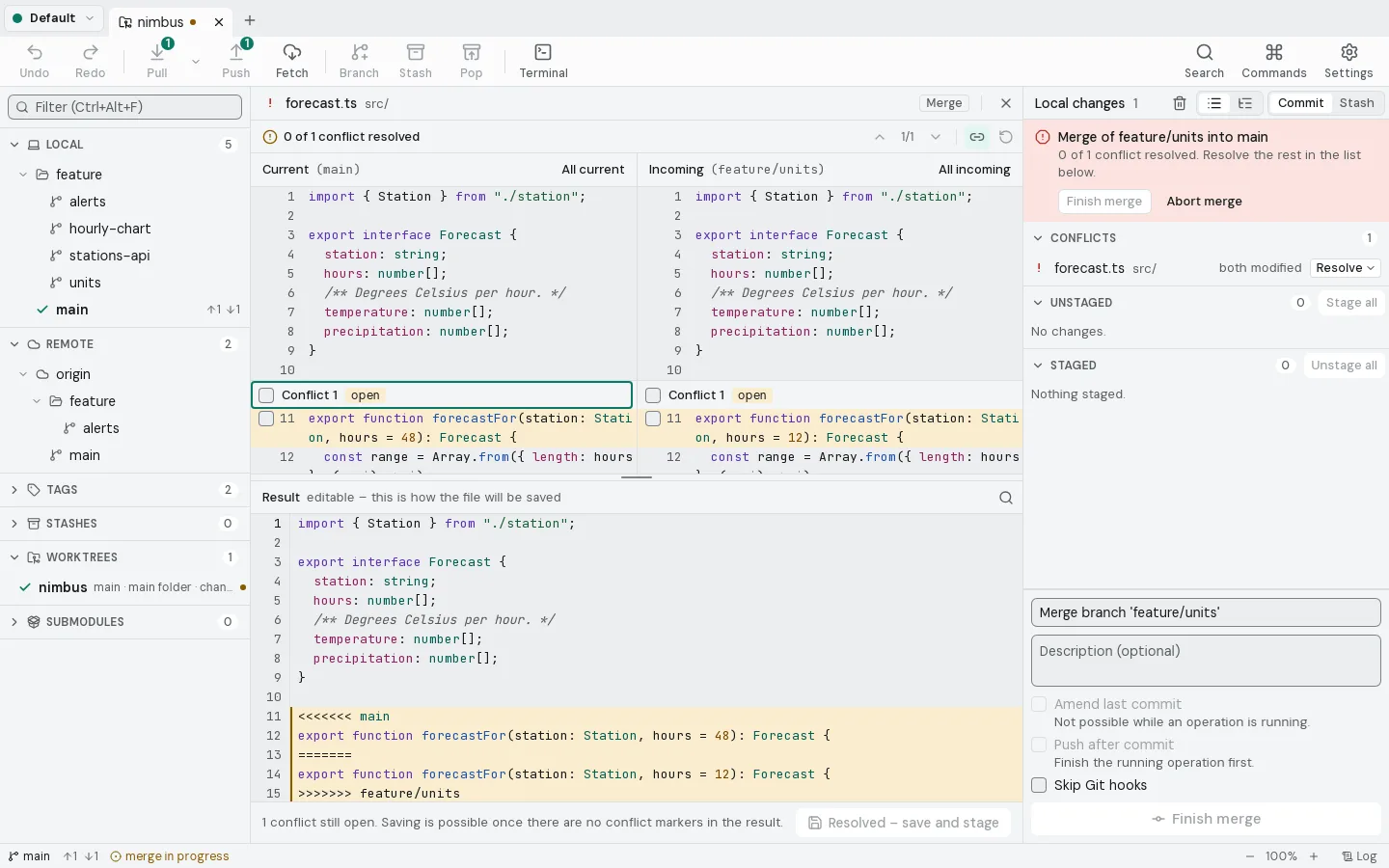 Three-pane conflict tool with current, incoming and an editable result