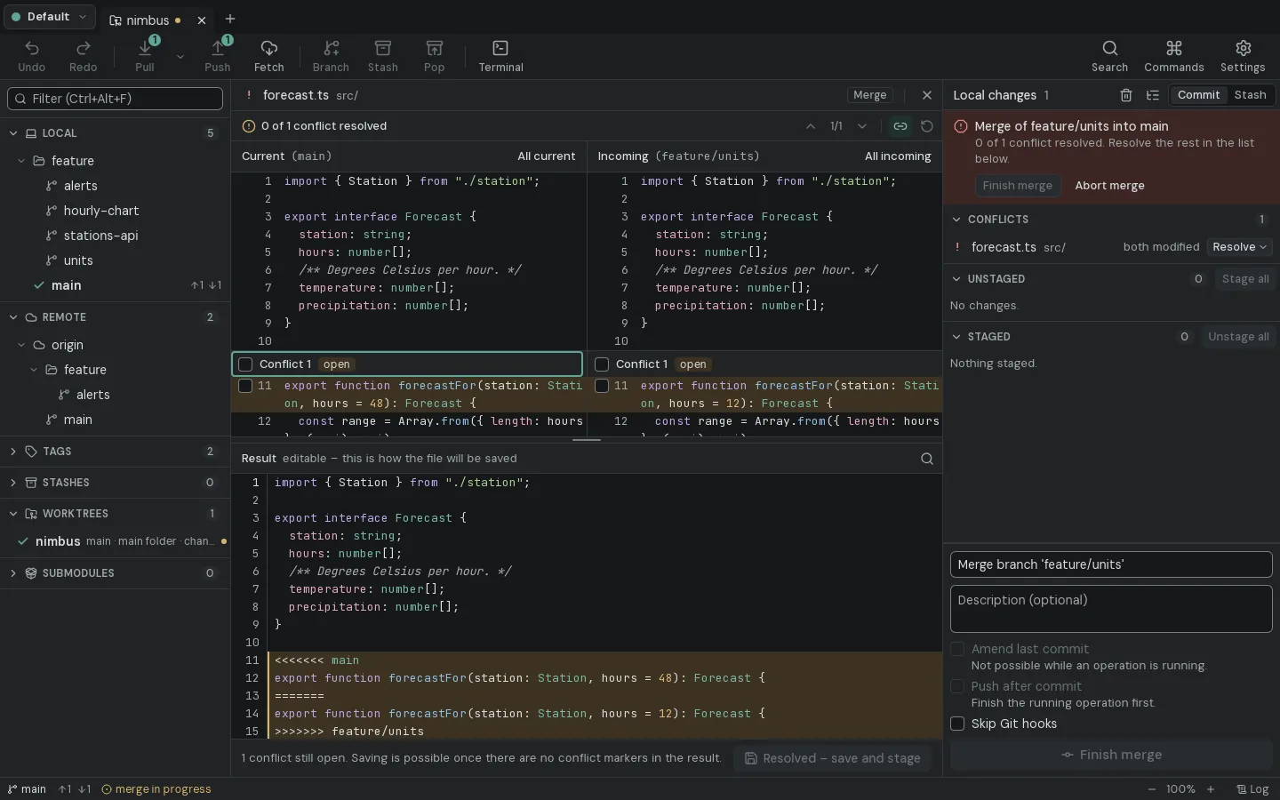 Three-pane conflict tool with current, incoming and an editable result