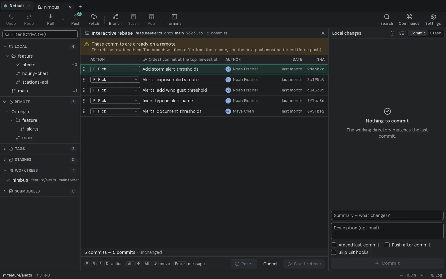 Interactive rebase with pick, reword, squash and drop